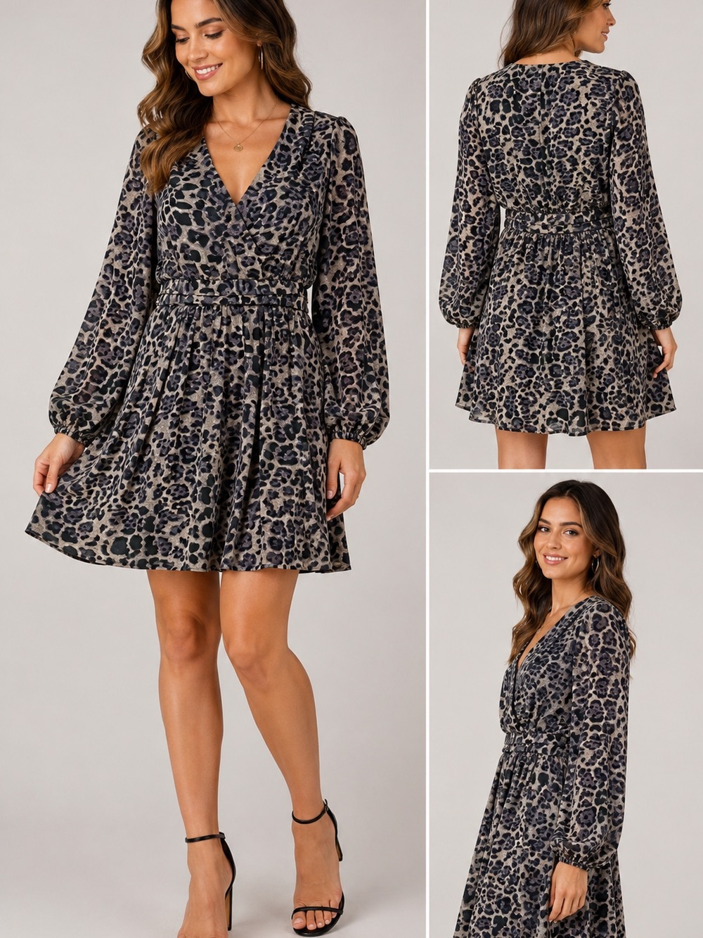 Sugarlips Black and Gray Leopard Print V-Neck Mini Dress Size XS